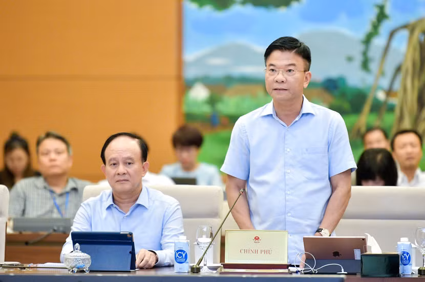 Phó Thủ tướng, Bộ trưởng Bộ Tư pháp Lê Thành Long phát biểu tại phiên họp
