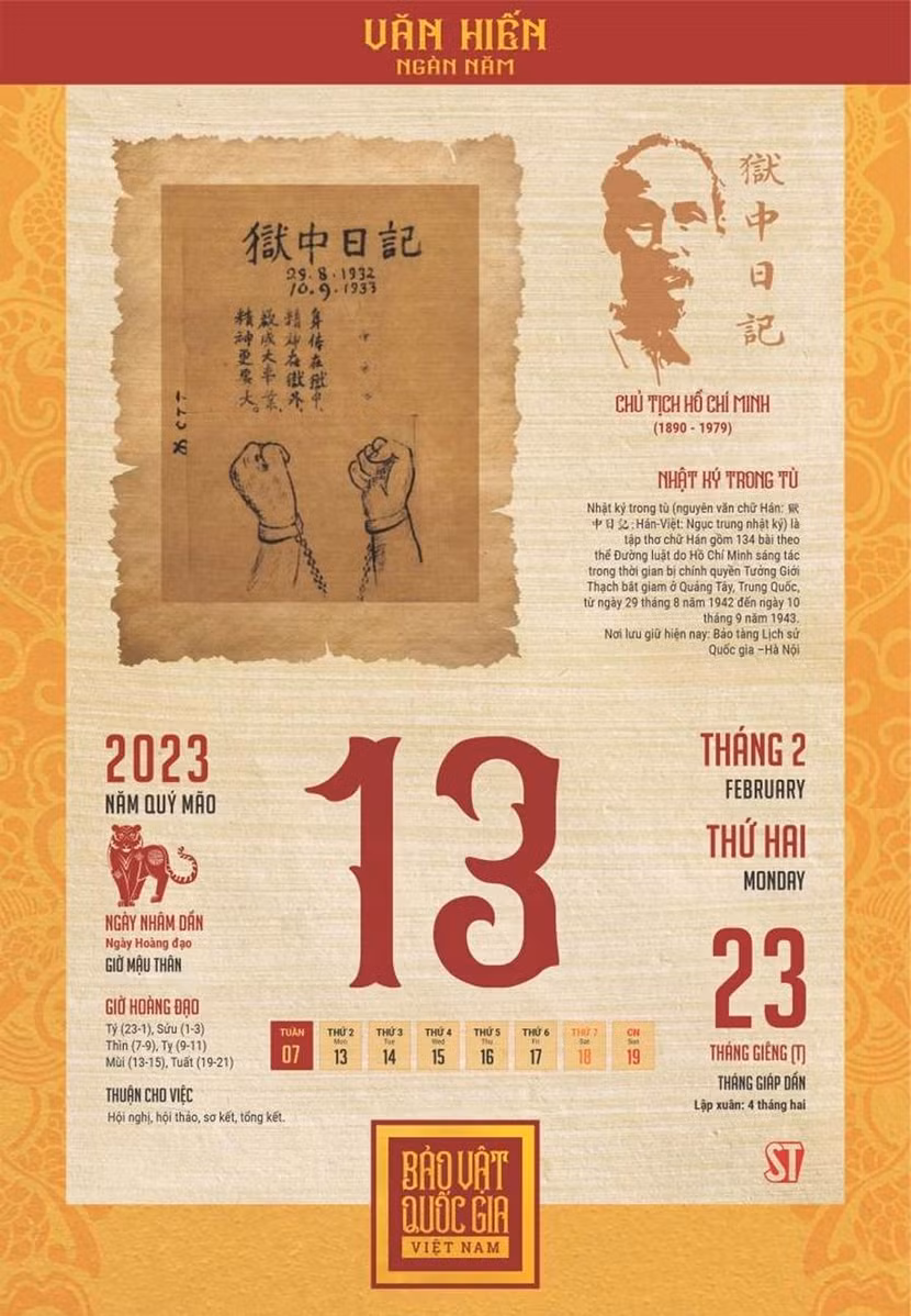 Tờ lịch in "Nhật ký trong tù" của Chủ tịch Hồ Chí Minh