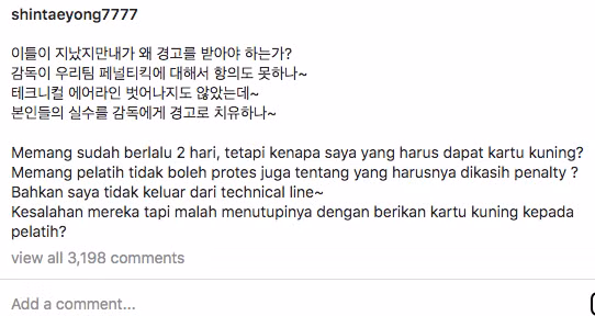 CNN Indonesia dẫn lại dòng trạng thái của HLV Shin Tae-yong trên mạng xã hội phàn nàn về việc bị nhận thẻ vàng trong trận thua ĐT Việt Nam 0-4