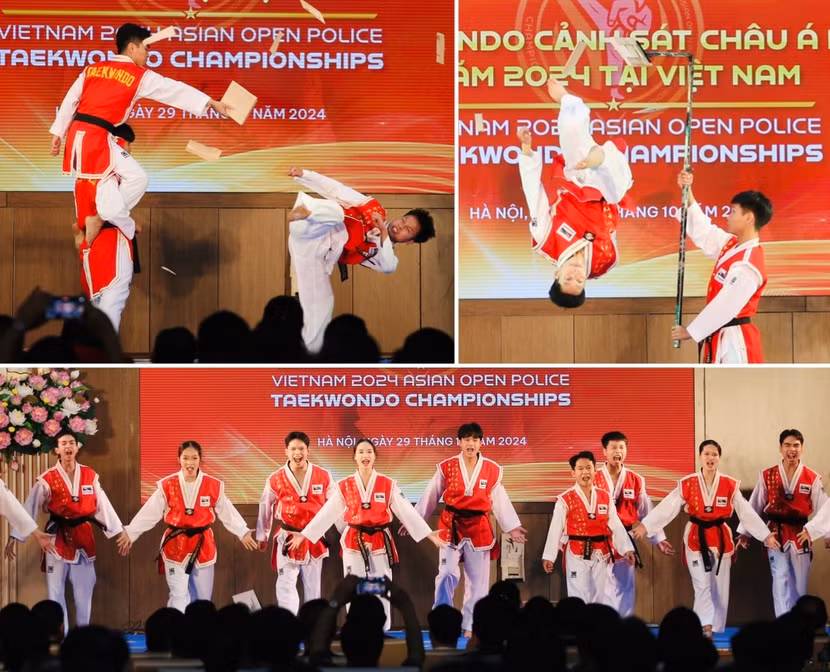 Các vận động viên taekwondo CAND biểu diễn tại lễ công bố giải Các vận động viên taekwondo CAND biểu diễn tại lễ công bố giải