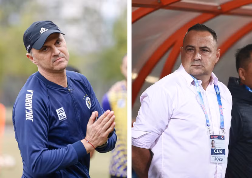 HLV Bandovic của Hà Nội FC (trái) và HLV Foiani của Công an Hà Nội FC