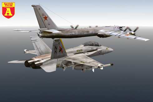Máy bay F/A-18E/F của Mỹ và Tu-95MS của Nga