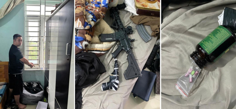 Hoàng Minh Thành và tang vật thu giữ tại nơi ở Hoàng Minh Thành và tang vật thu giữ tại nơi ở