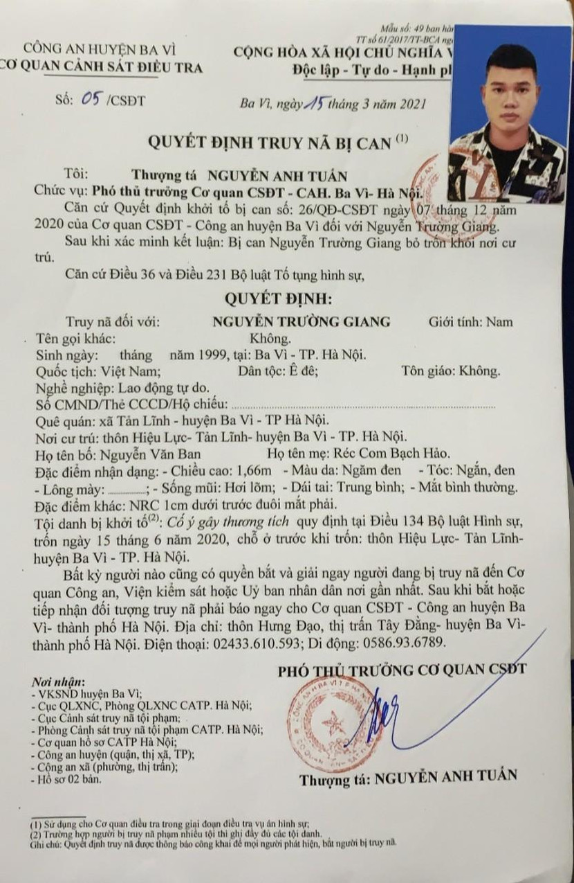 Lệnh truy nã đối tượng Nguyễn Trường Giang Lệnh truy nã đối tượng Nguyễn Trường Giang
