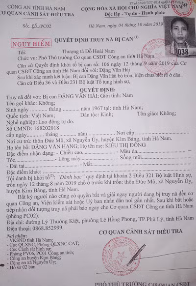 Lệnh truy nã nguy hiểm đối tượng Đặng Văn Hải