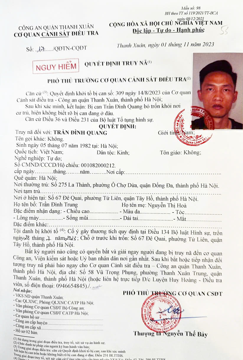 Lệnh truy nã Trần Đình Quang của Cơ quan CSĐT - CAQ Thanh Xuân