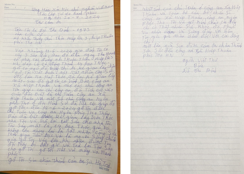 Lá thư cảm ơn của bà Đỗ Thị Bình