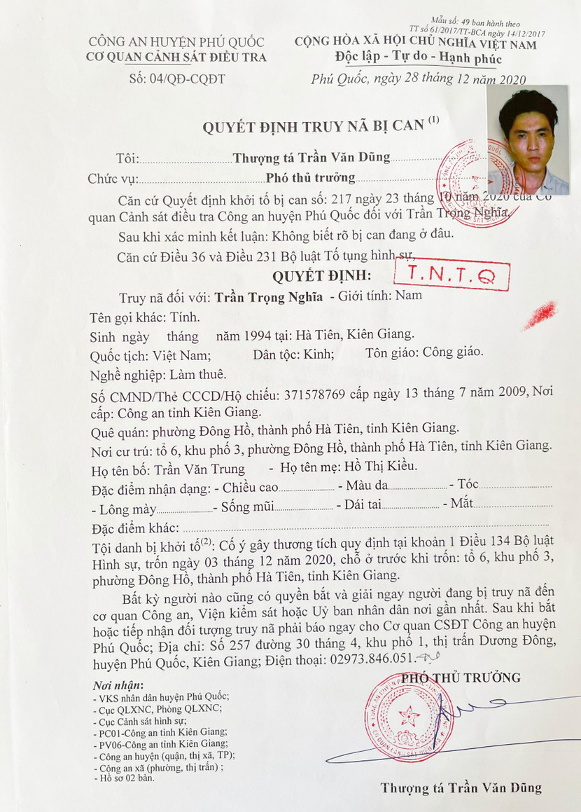 Lệnh truy nã Trần Trọng Nghĩa của Cơ quan CSĐT CAH Phú Quốc, Kiên Giang