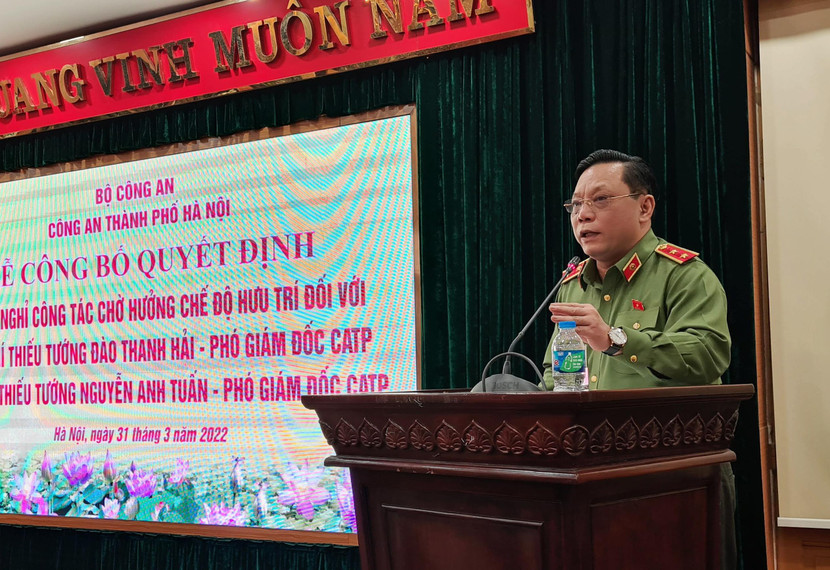 Trung tướng Nguyễn Hải Trung, Ủy viên Ban Thường vụ Thành ủy, Bí thư Đảng ủy, Giám đốc CATP phát biểu tại buổi lễ Trung tướng Nguyễn Hải Trung, Ủy viên Ban Thường vụ Thành ủy, Bí thư Đảng ủy, Giám đốc CATP phát biểu tại buổi lễ