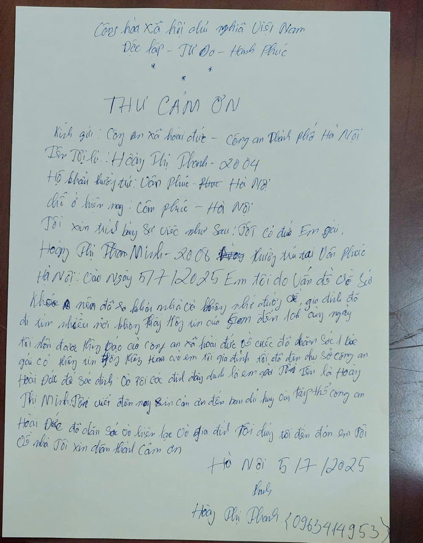 Lá thư cảm ơn của chị Hoàng Thị Thanh gửi Công an xã Hoài Đức