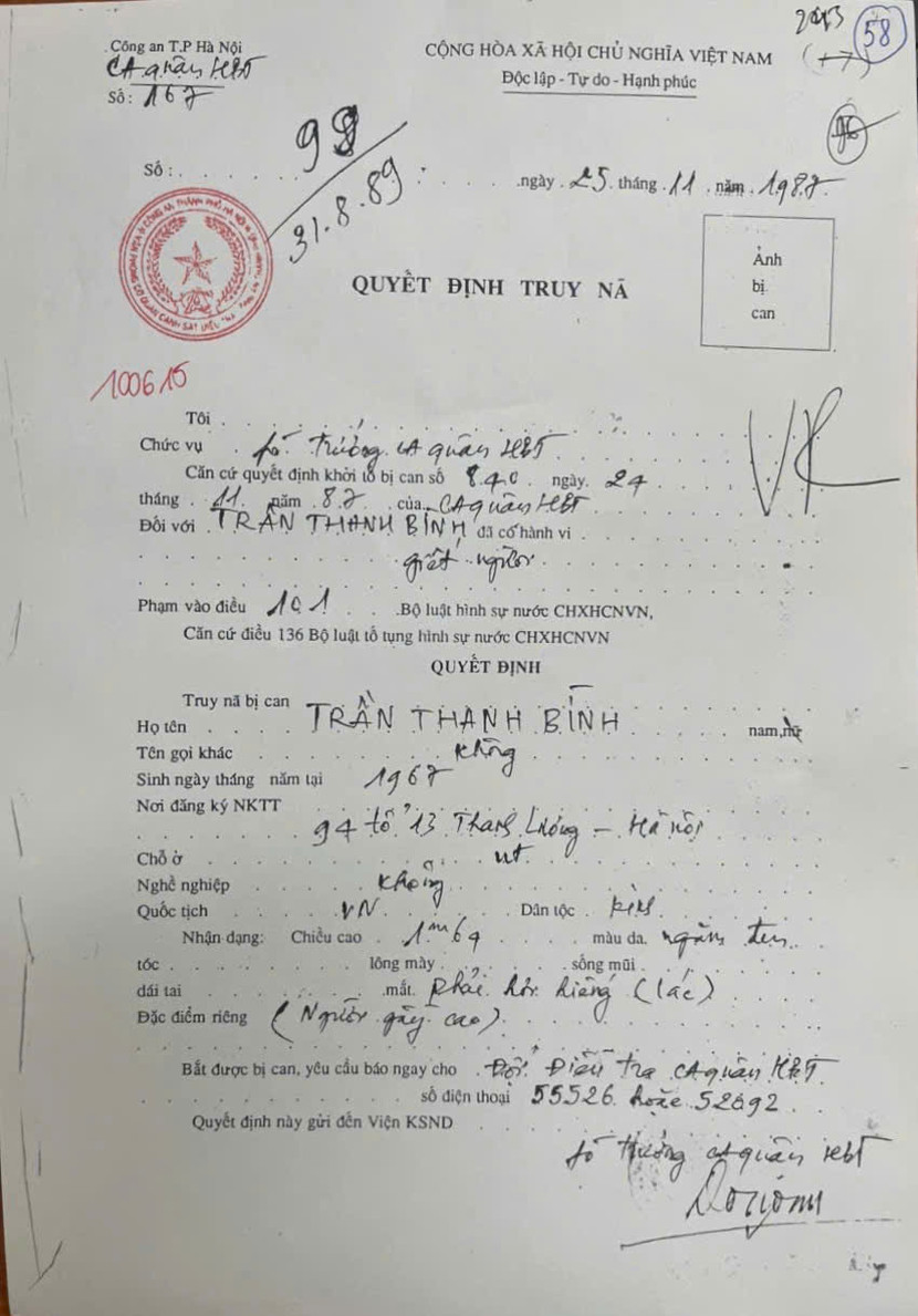 Quyết định truy nã Trần Thanh Bình của Công an quận Hai Bà Trưng vào năm 1987 Quyết định truy nã Trần Thanh Bình của Công an quận Hai Bà Trưng vào năm 1987