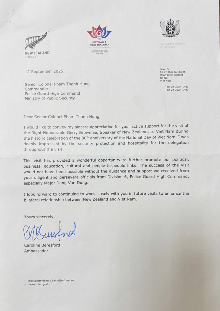 Lá thư cảm ơn của Đại sứ New Zealand tại Việt Nam - Caroline Beresford
