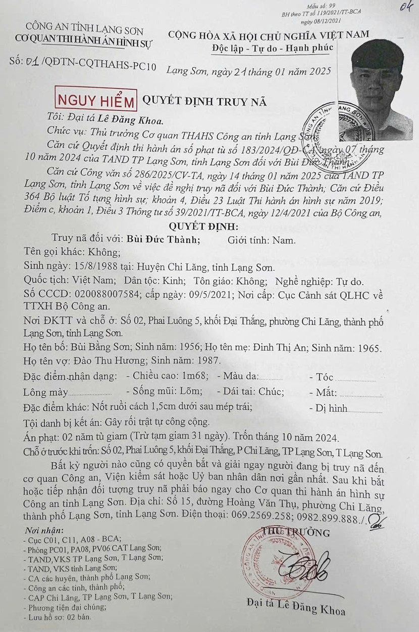 Quyết định truy nã Bùi Đức Thành của Cơ quan thi hành án hình sự Công an tỉnh Lạng Sơn