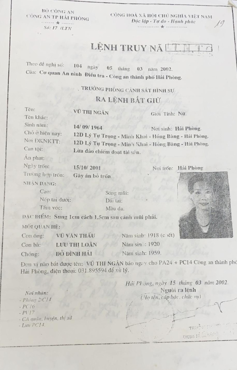 Bản sao Lệnh truy nã Vũ Thị Ngân 20 năm trước
