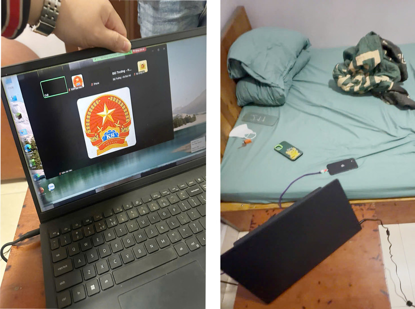 Màn hình máy tính vẫn hiển thị ứng dụng Zoom khi các trinh sát vào nơi anh C lưu trú