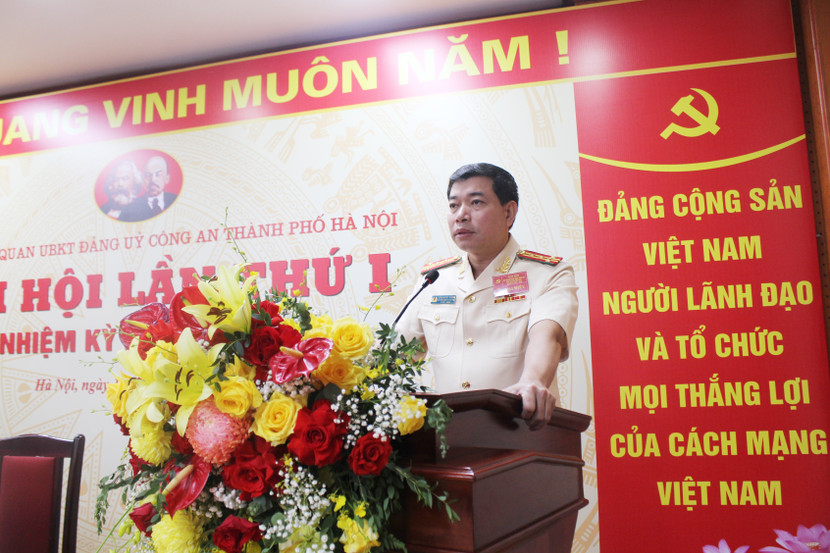 Đại tá Trần Quyết Thắng, Thủ trưởng Cơ quan UBKT Đảng ủy CATP phát biểu tại Đại hội