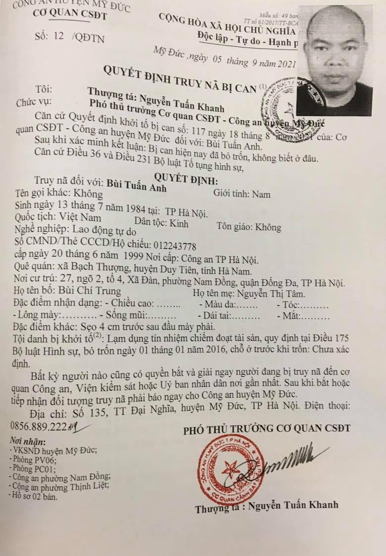 Lệnh truy nã Bùi Anh Tuấn của Cơ quan CSĐT CAH Mỹ Đức