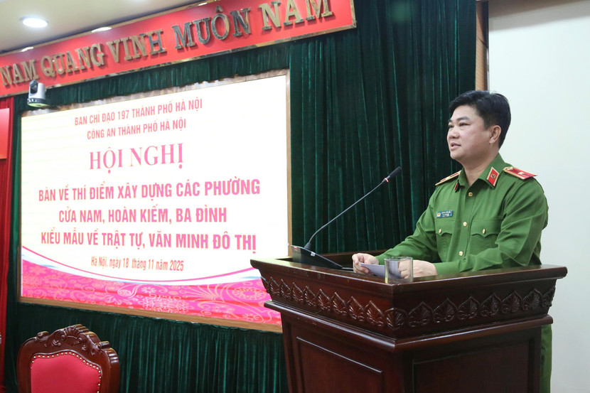 Thiếu tướng Dương Đức Hải, Phó Giám đốc CATP, Phó trưởng Ban chỉ đạo 197 thành phố phát biểu tại hội nghị