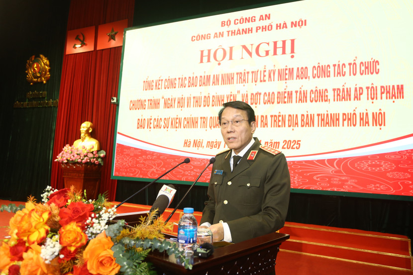 Đại tướng Lương Tam Quang, Ủy viên Bộ Chính trị, Bí thư Đảng uỷ Công an Trung ương, Bộ trưởng Bộ Công an phát biểu tại Hội nghị