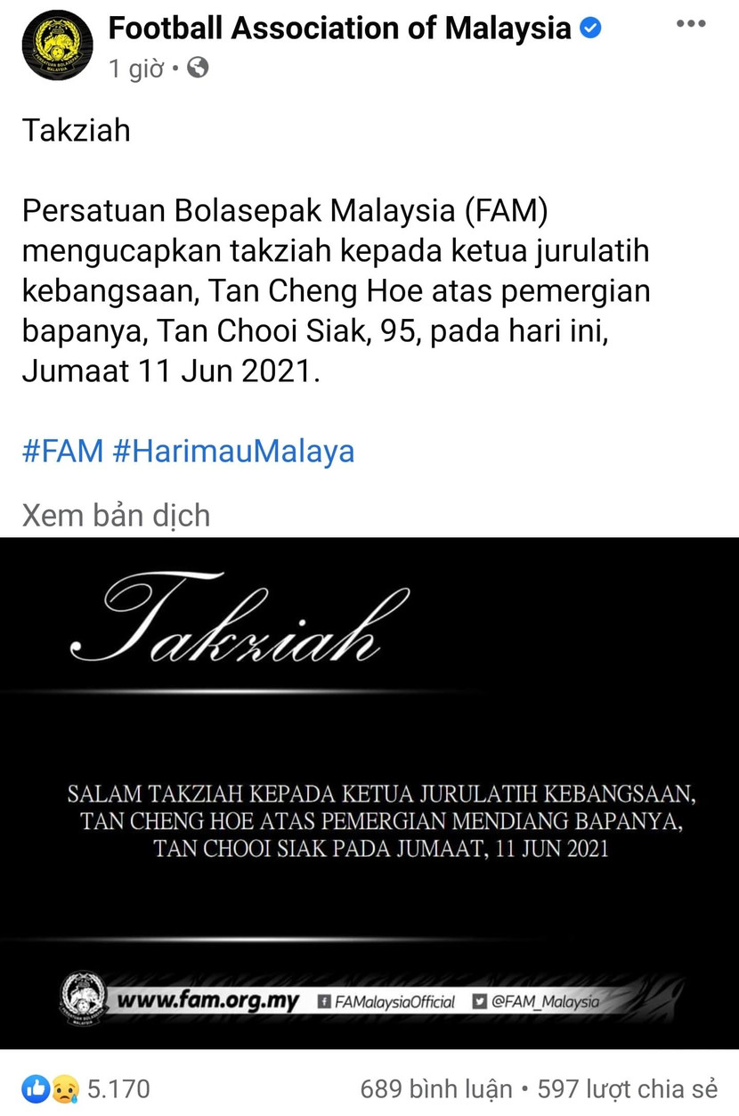 FAM gửi lời chia buồn đến HLV Tan Cheng Hoe và gia đình FAM gửi lời chia buồn đến HLV Tan Cheng Hoe và gia đình