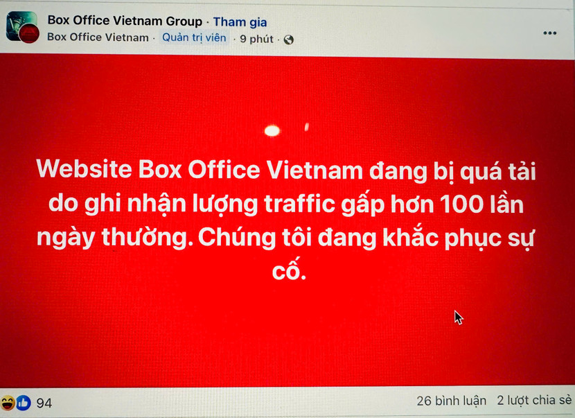 Có quá nhiều người truy cập vào trang web Box Office Vietnam (đơn vị quan sát phòng vé độc lập), chính vì thế, ngay cả Box Office Vietnam cũng phải &quot;tuyên bố&quot; nghẽn mạng