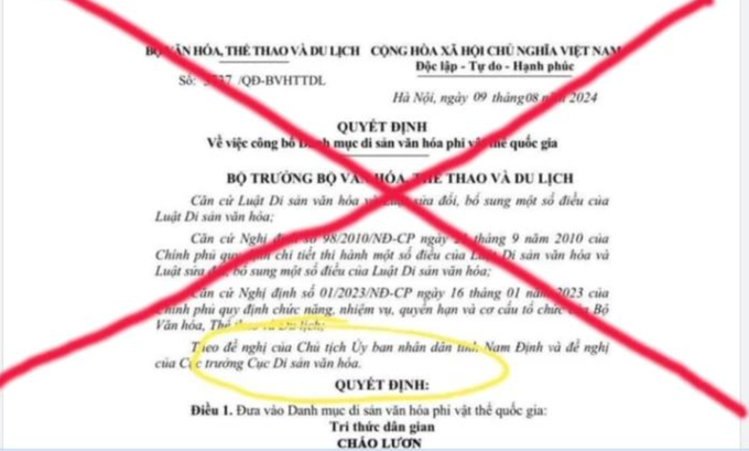 Văn bản giả mạo QĐ của Bộ trưởng Bộ VHTTDL đăng lên mạng xã hội Văn bản giả mạo QĐ của Bộ trưởng Bộ VHTTDL đăng lên mạng xã hội