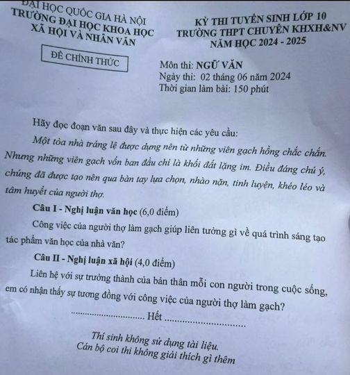 Tham khảo đề thi môn Ngữ văn của trường THPT chuyên Khoa học Xã hội và Nhân văn năm nay