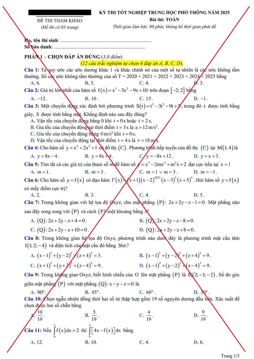 Đề môn Toán được cho là đề tham khảo kỳ thi tốt nghiệp THPT 2025 lan truyền trên mạng xã hội, thu hút hàng nghìn lượt chia sẻ, bình luận