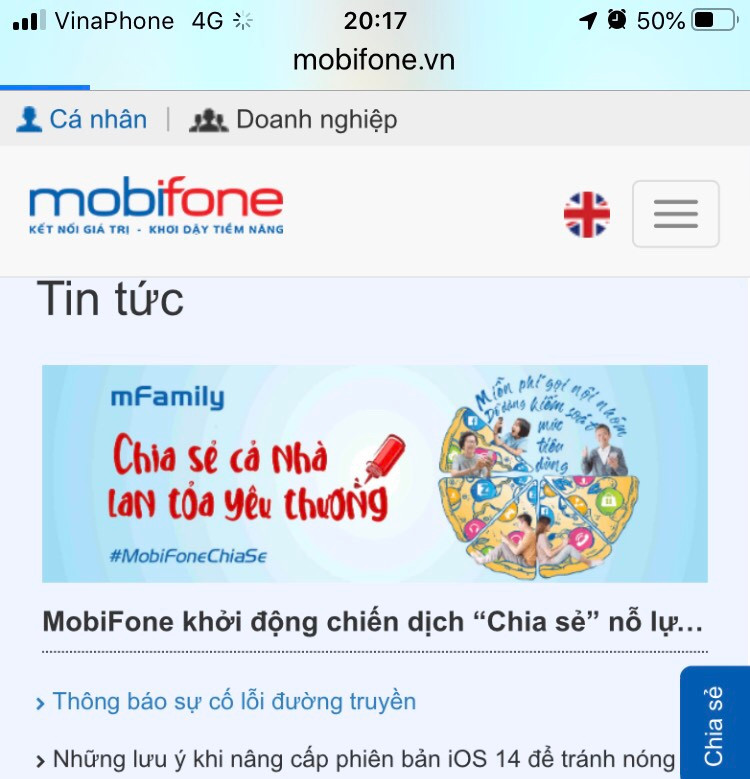 Website chính thức của MobiFone không thể truy cập thông tin lỗi đường truyền