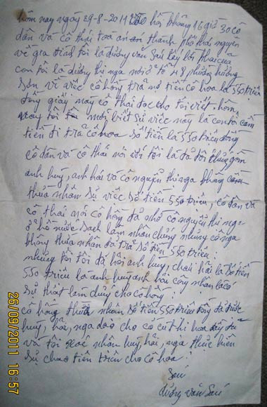 Giấy xác nhận việc cháu Nga đưa tiền cho bà Cù Thị Hoa của ông Dương Văn Sáu