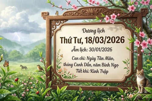 Lịch âm hôm nay 18/3/2026: Ngày Tân Mão, giờ đẹp và việc nên làm