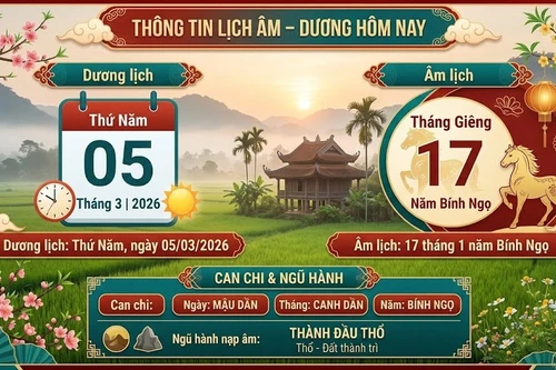 Lịch âm hôm nay 5/3/2026: Giờ hoàng đạo, hướng xuất hành và tuổi xung cần lưu ý