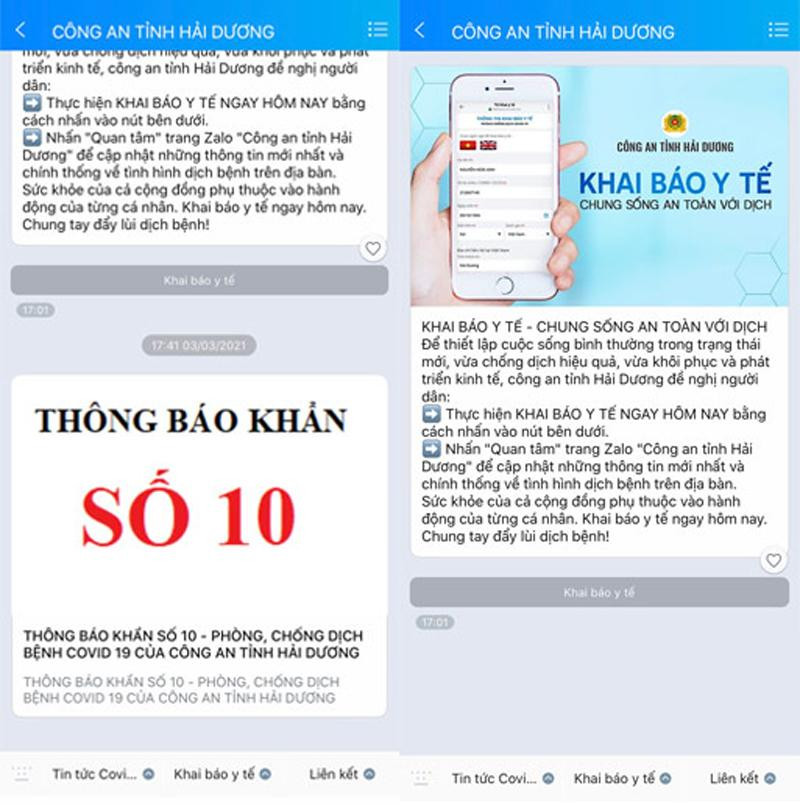 Các tin nhắn từ trang Zalo “Công an tỉnh Hải Dương” Các tin nhắn từ trang Zalo “Công an tỉnh Hải Dương”