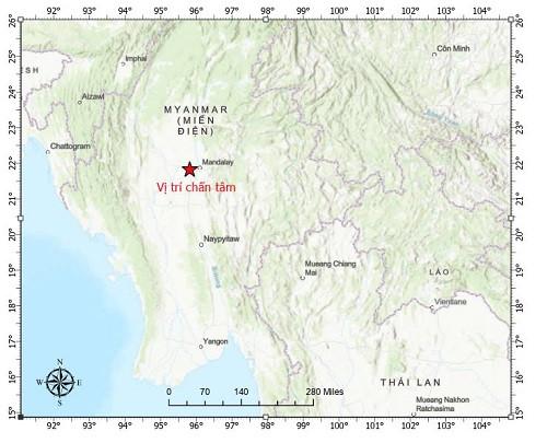 Vị trí chấn tâm trận động đất ở Myanmar vào chiều nay 28/3