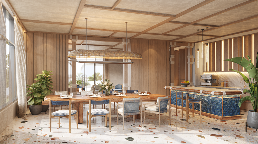 Sảnh tiệc biển xanh dành cho những buổi tiệc ấm cúng, là nơi để chiêu đãi gia đình và bạn bè mỗi dịp hội họp.