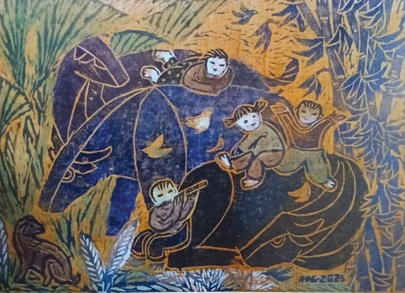 Bức tranh khắc gỗ “Góc vườn quê” của họa sĩ Trần Thị Cải