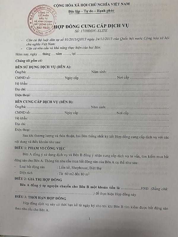 Hợp đồng cung cấp dịch vụ mà nhân viên môi giới đưa ra để "nếu ưng ý thì khách hàng đặt cọc" Hợp đồng cung cấp dịch vụ mà nhân viên môi giới đưa ra để "nếu ưng ý thì khách hàng đặt cọc"