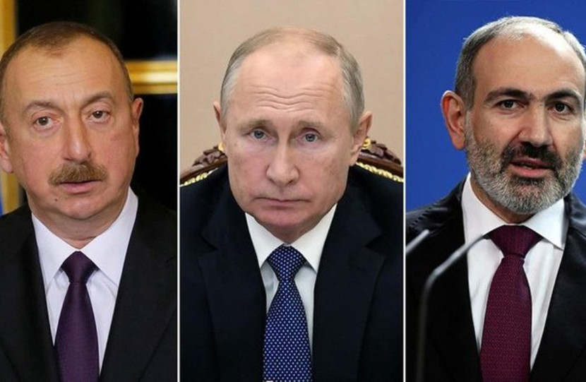 Từ trái qua: Tổng thống Azerbaijan Ilham Aliyev, Tổng thống Nga Vladimir Putin và Thủ tướng Armenia Nikol Pashinyan Từ trái qua: Tổng thống Azerbaijan Ilham Aliyev, Tổng thống Nga Vladimir Putin và Thủ tướng Armenia Nikol Pashinyan