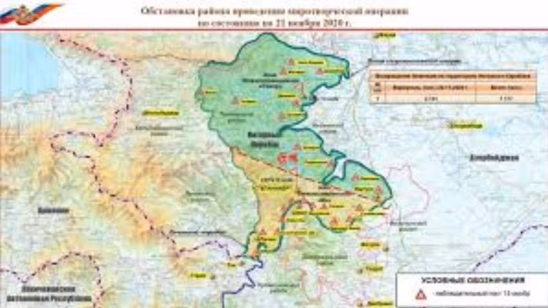Bản đồ cập nhật từ Bộ Quốc phòng Nga cho thấy những khu vực thuộc quyền kiểm soát của Azerbaijan và các trạm quan sát mới được thành lập của quân đội Nga, ngày 21-11-2020