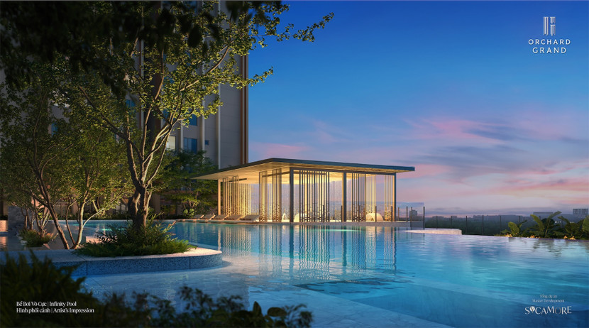Mảng xanh và mặt nước hài hòa tạo nên một dòng chảy xuyên suốt trong hệ tiện ích tại Orchard Grand