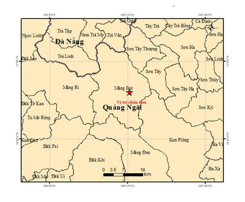 Vị trí tâm chấn của trận động đất 4,5 richter vào rạng sáng nay Quảng Ngãi