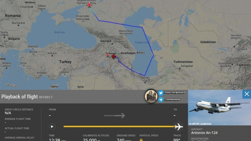 Đường bay của chiếc An-124 Nga từ sân bay Platov (Rostov-on-Don) đến Armenia, ngày 26-9-2020