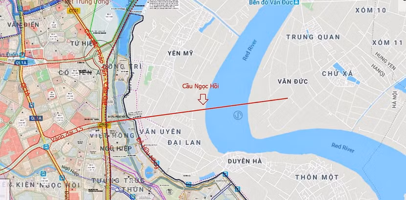 Vị trí dự kiến xây dựng cầu Ngọc Hồi qua sông Hồng