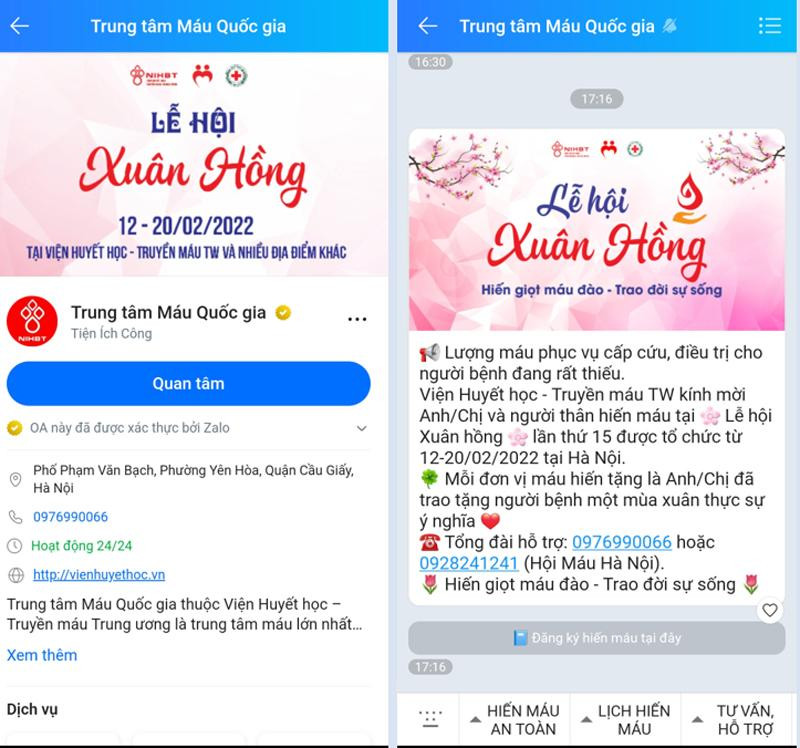 Trang Zalo của Viện cập nhật thông tin chính thống, liên tục và giải đáp mọi thắc mắc về hiến máu. Ảnh chụp màn hình. Trang Zalo của Viện cập nhật thông tin chính thống, liên tục và giải đáp mọi thắc mắc về hiến máu. Ảnh chụp màn hình.