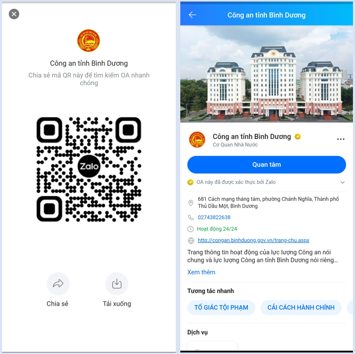 Trên Zalo, người dùng tìm kiếm cụm từ “Công an tỉnh Bình Dương” hoặc quét mã QR (bên trên) để theo dõi và nhận tin tức chính thống của Công an tỉnh Bình Dương.