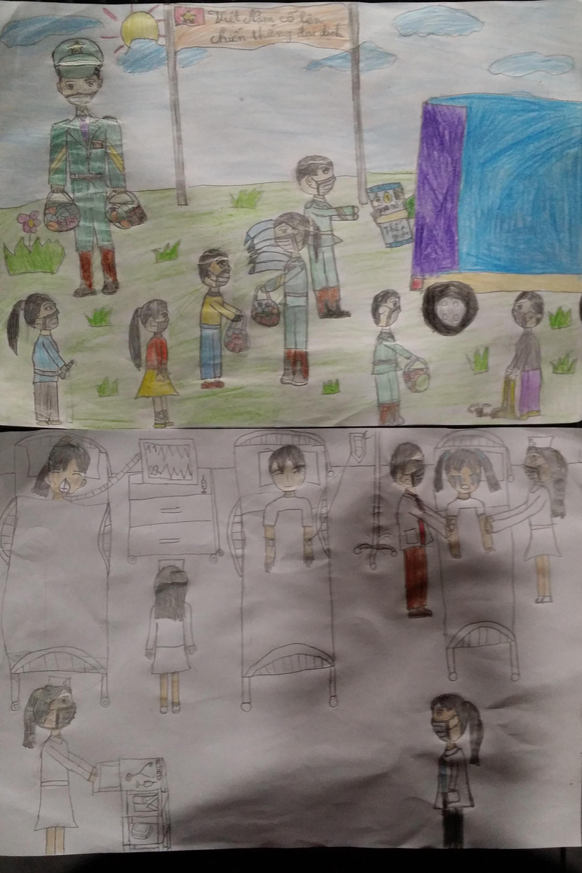 Ảnh các y, bác sĩ, công an, bộ đội, tình nguyện viên ở tuyến đầu chống dịch do cháu Trịnh Nhã Khanh vẽ khiến nhiều người xúc động