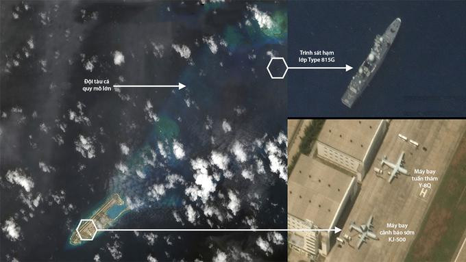 Tàu trinh sát, máy bay quân sự Trung Quốc hiện diện trái phép ở quần đảo Trường Sa của Việt Nam ngày 9-6-2021. Ảnh: Maxar