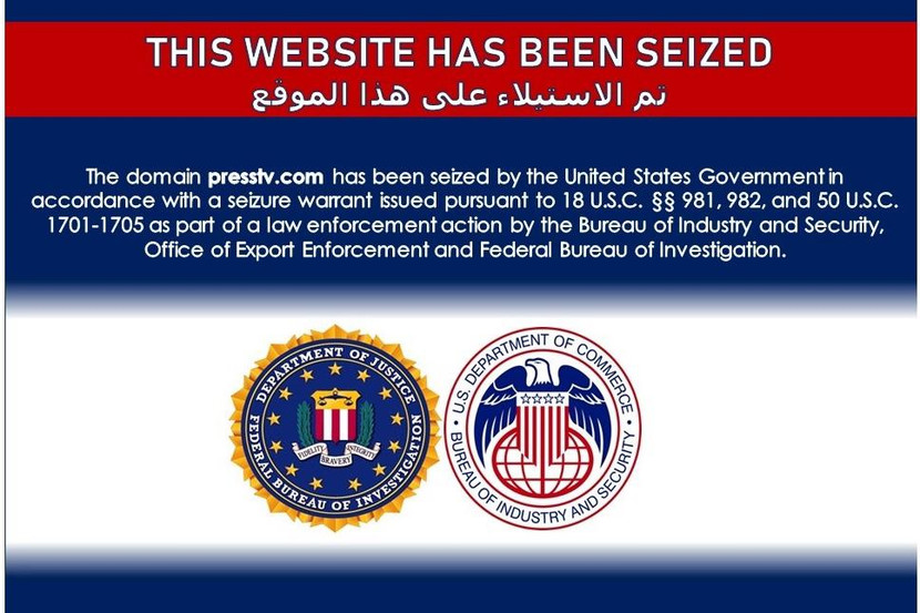 Hình ảnh thông báo của phía Mỹ khi truy cập trang Presstv.com. (Ảnh chụp màn hình) Hình ảnh thông báo của phía Mỹ khi truy cập trang Presstv.com. (Ảnh chụp màn hình)