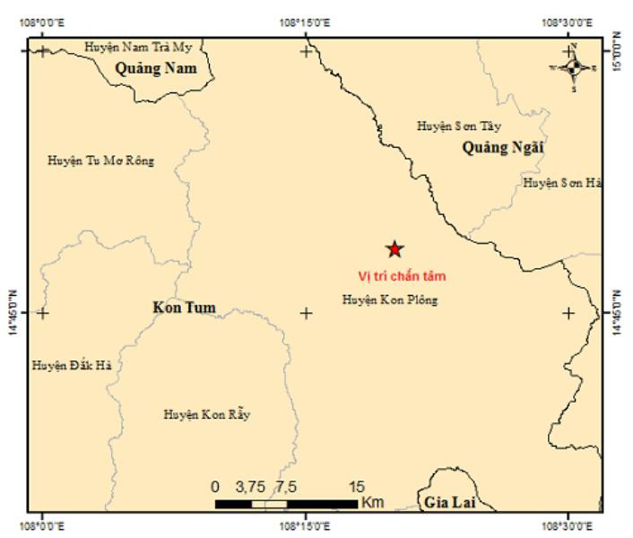 Vị trí xảy ra trận động đất ở Kon Tum vào sáng 8/6 Vị trí xảy ra trận động đất ở Kon Tum vào sáng 8/6