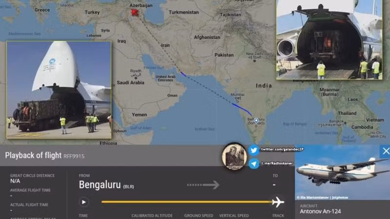 Vận tải cơ An-124 được nhìn thấy đáp xuống một sân bay ở Yerevan, chở theo radar định vị vũ khí Swathi của Ấn Độ